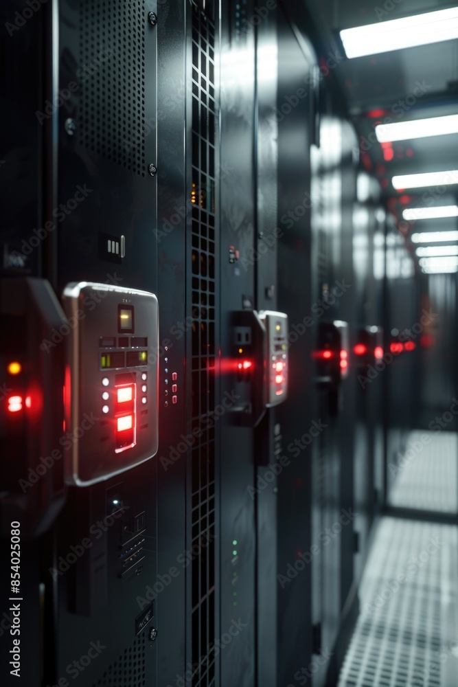 Poster A collection of computer servers with glowing red indicator lights