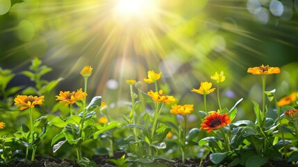 A beautiful view of a flower garden on a sunny day. The suns rays shine through the leaves, illuminating the bright yellow flowers.
