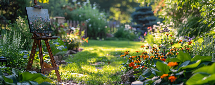 An artist painting en plein air in a tranquil garden, capturing the beauty of blooming flowers and greenery.