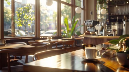 Fototapeta premium Cozy cafe interior with sunlight streaming through the windows, warm atmosphere with a focus on a wooden table and a cup of coffee.