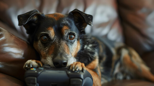 Dog gamer playing a video game with a controller and intense focus.


