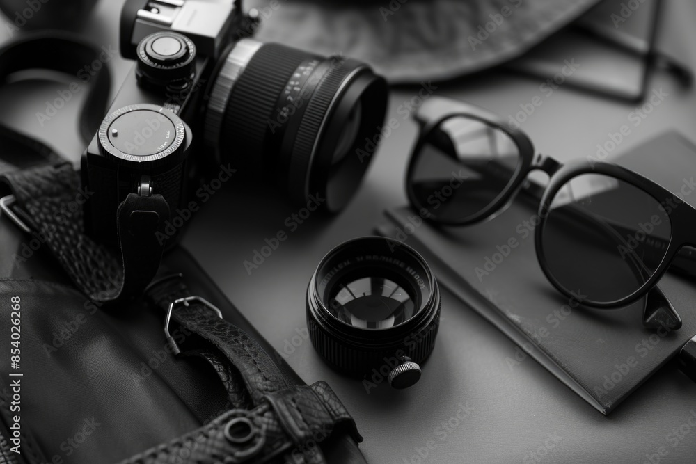 Aufkleber a close-up image of a camera and some glasses on a background
