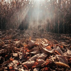 A field of corn with a lot of leaves on the ground