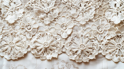 A close-up of elegant white lace fabric with intricate floral embroidery, showcasing detailed craftsmanship and delicate patterns perfect for bridal or vintage garments.
