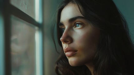 Thoughtful woman with dark hair gazing out of window in soft natural light. Timeless expression and depth in her eyes, reflecting inner thoughts.