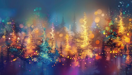Fototapeta premium Magical Christmas Forest with Colorful Neon Light Garland Glowing. Abstract Christmas Trees in Fog with Bright Bokeh Light Effects, New Year Greeting Card, Digital Art Illustration Banner