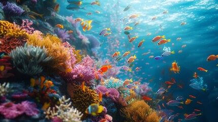 Vibrant Coral Reef and Fish Underwater Scene in Tropical Ocean with Sunlight Streaming Through the Water