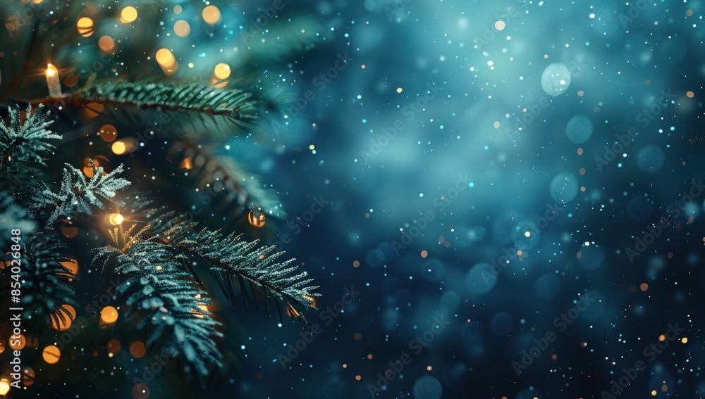 Poster a tree with snow on it and lights shining on it