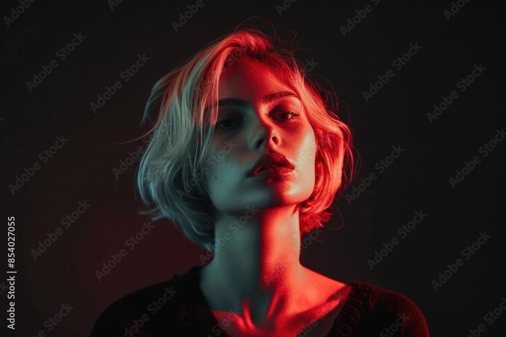 Poster A close-up photo of a person's face with a red LED light turned on, suitable for use in technology-related contexts such as tutorials or product demonstrations