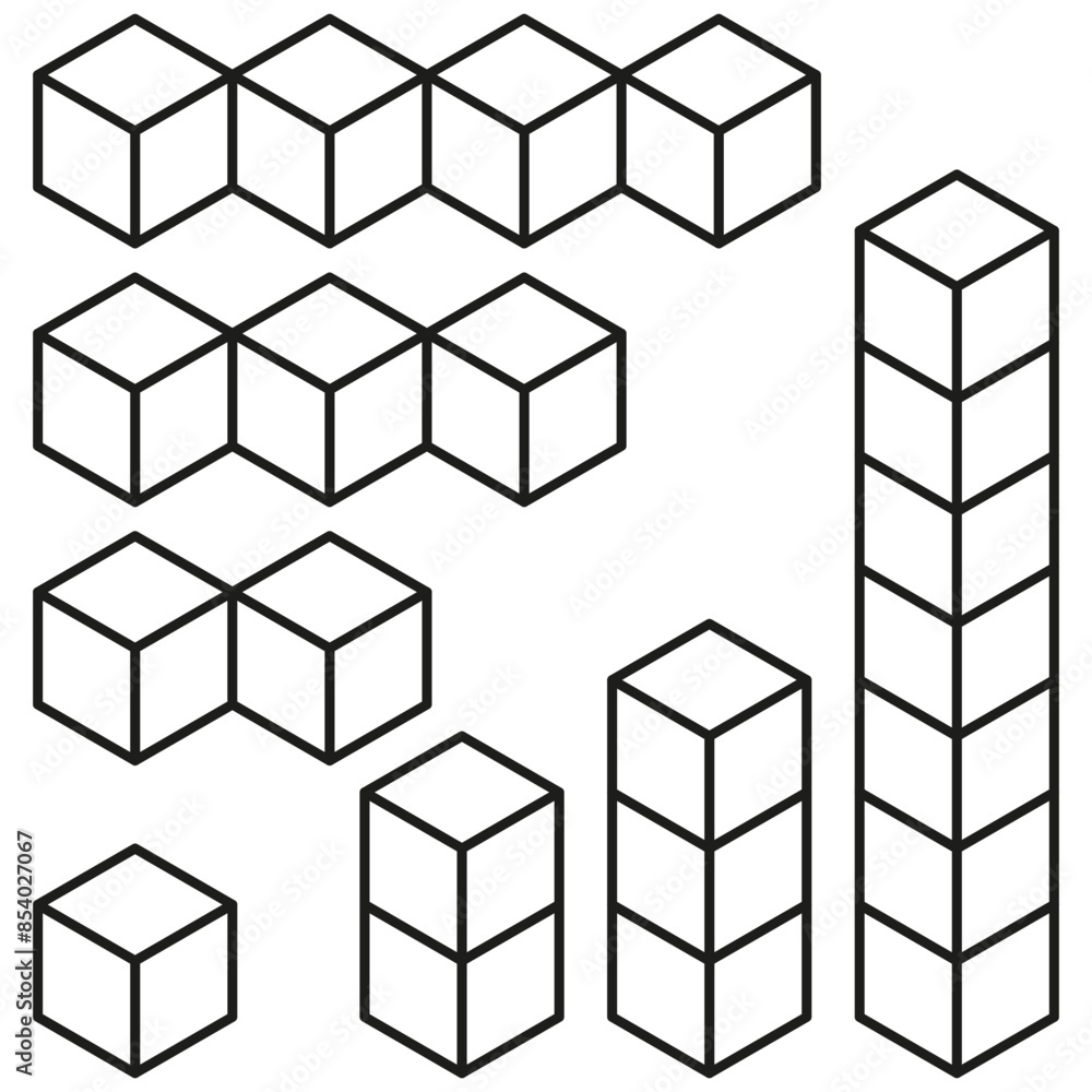 Poster isometric cube structures. geometric vector shapes. black outline design. white background.