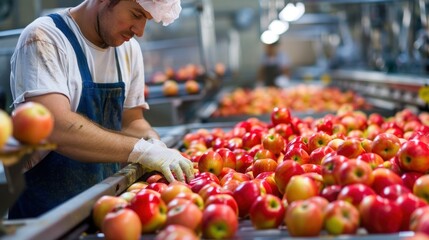 Fototapeta premium People are separating apples in a food processing factory.