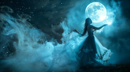 mystical scene of a woman dancing under a full moon with swirling ethereal smoke, creating a magical and enchanting atmosphere