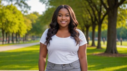 Fototapeta premium Plus size young black woman wearing white t-shirt and grey jeans standing in the park