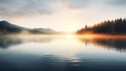 Obraz premium serene sunrise over a tranquil mountain lake, with mist gently rising from the water.