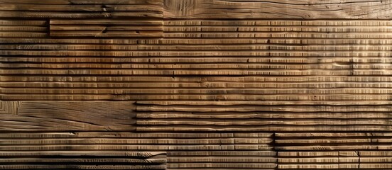 Textured wooden wall panels featuring a series of horizontal ridges and natural grain patterns. The image highlights the intricate craftsmanship and rustic appeal of the wooden design.