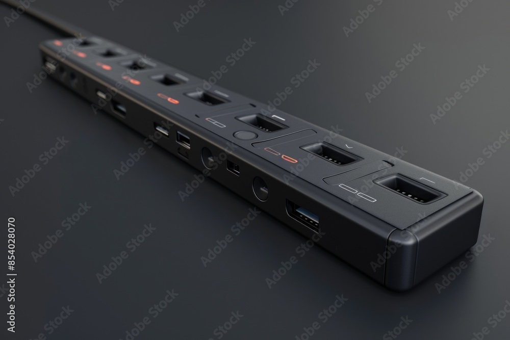 Poster close up shot of a power strip on a table, ideal for use in technology or electronics themed project