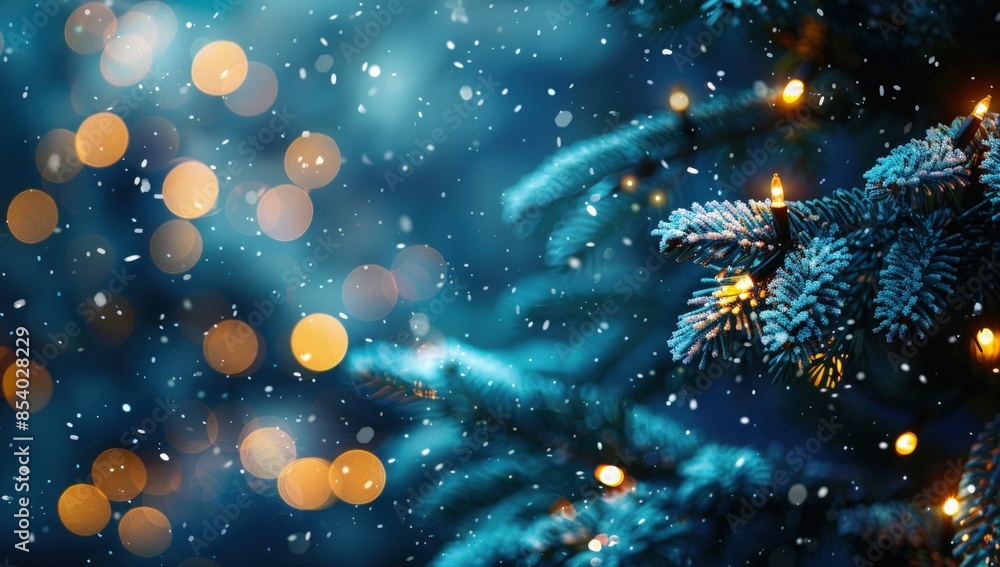 Poster a tree with snow on it and lights shining on it