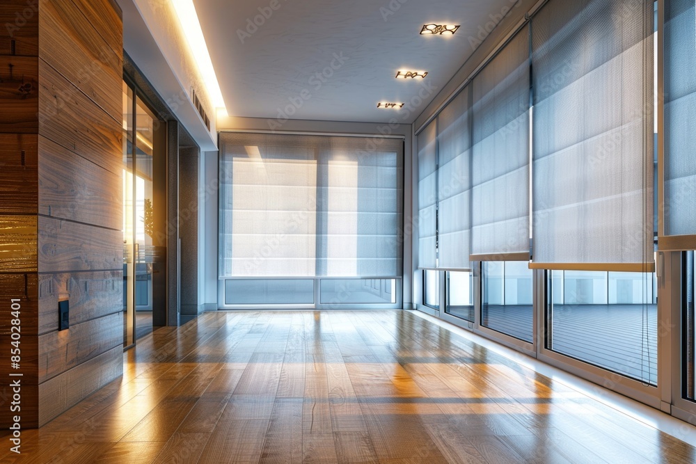 Poster a long hallway with a wooden floor and large windows, perfect for interior design or architecture co