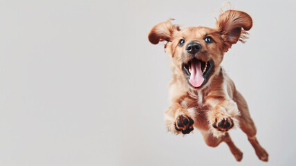 Jumping puppy on a light background. Advertising banner template for pet store or veterinary clinic.