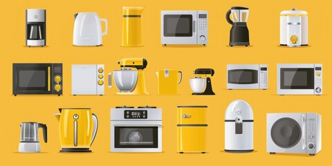 Collection of household appliances on a bright yellow surface