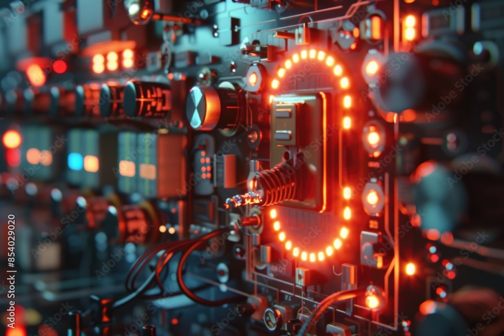 Aufkleber a close-up shot of a circuit board featuring red lights, suitable for tech-related or futuristic con