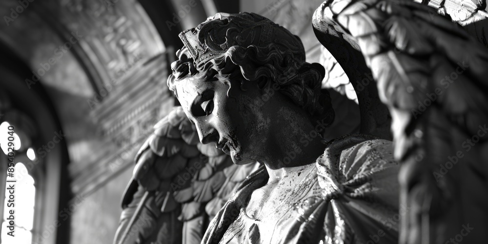 Poster A close-up image of a beautiful angel statue in black and white, perfect for use in editorial or commercial contexts