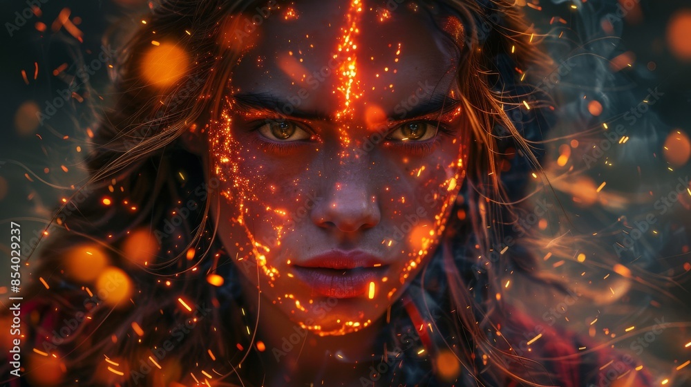 Poster dynamic image of orange sparks and glints surrounding a central blank space, ideal for content place