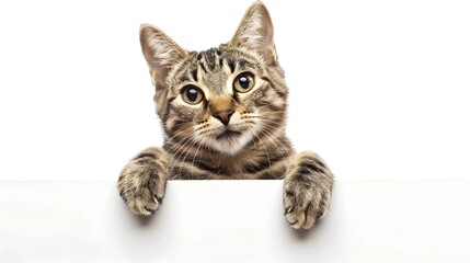 Obraz premium Cat Holding a Blank Sign: A cute tabby cat sitting upright, holding a blank sign with its front paws.