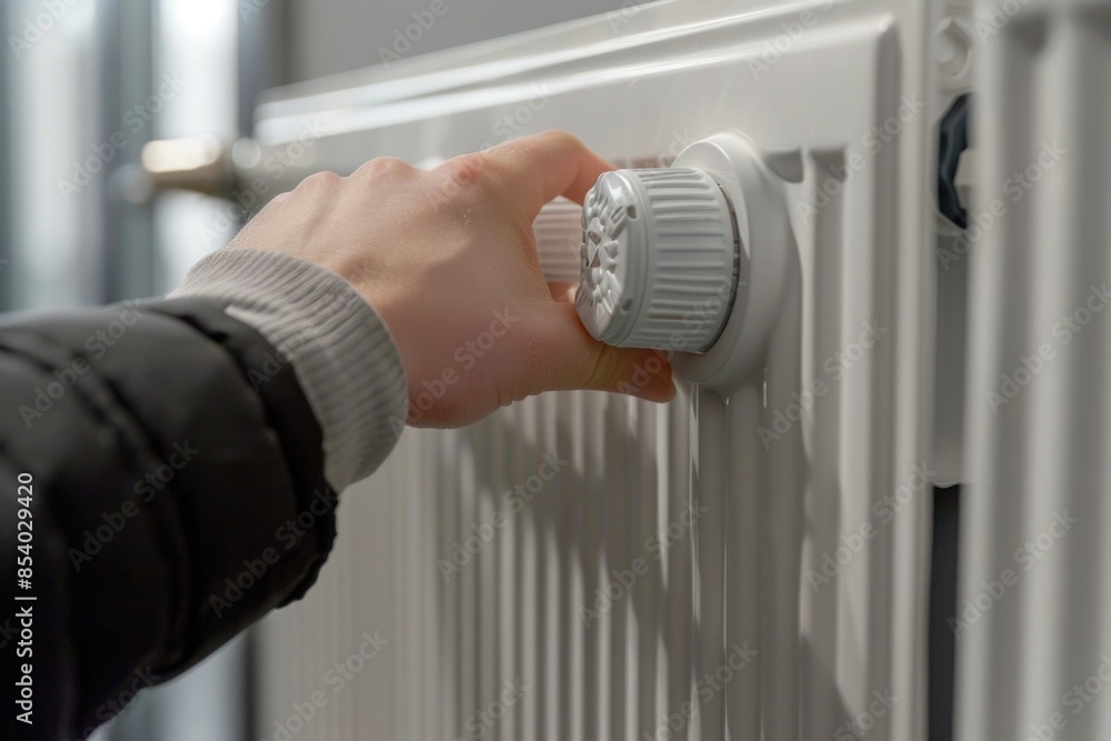 Poster A person manually controlling the temperature by turning a knob on a radiator