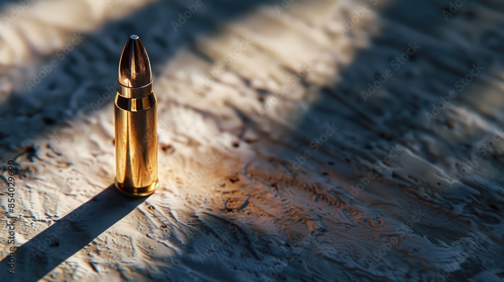Poster a close-up view of a bullet lying on a table with a flat surface, possibly for forensic or investiga