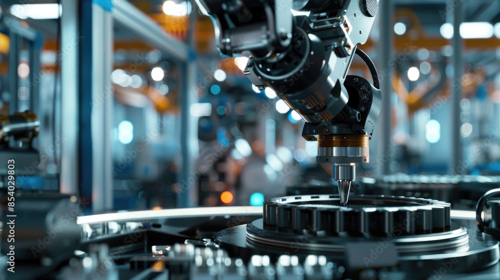 Poster Robot arm assembling parts on a manufacturing line