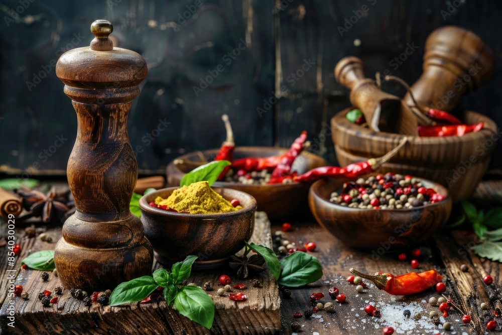 Poster A wooden table with bowls filled with various spices