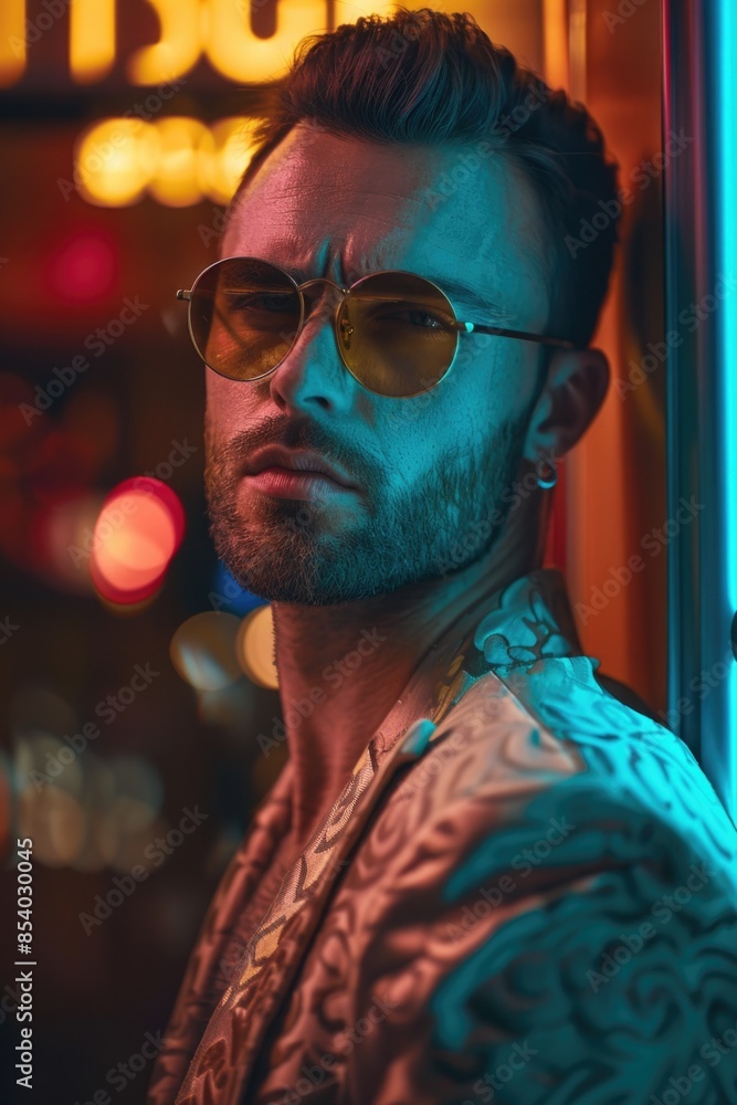 Poster a person with a beard and sunglasses standing in front of a neon sign, suitable for use as a profile