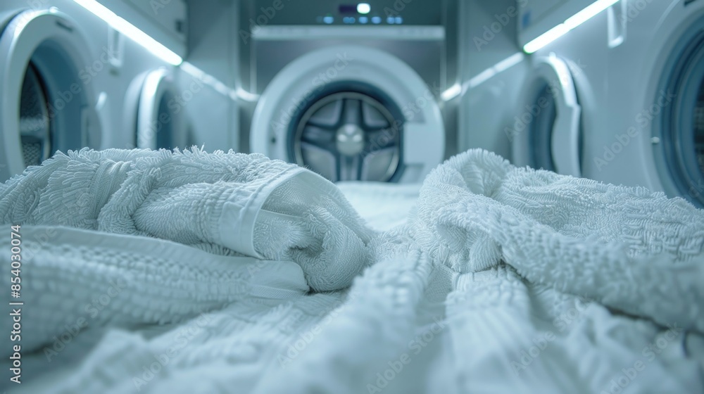 Poster a stack of white towels resting on top of a bed, possibly waiting to be used for cleaning or persona