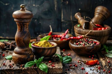 A wooden table with bowls filled with various spices