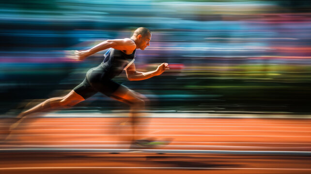Speeding motion blur of male runner on stadium track.