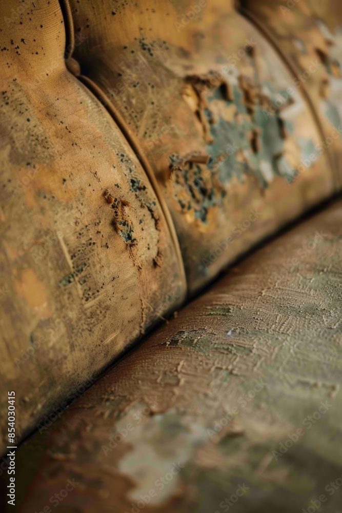 Poster A close-up view of a worn-out couch with visible rust spots, suitable for use in interior design or home decor contexts
