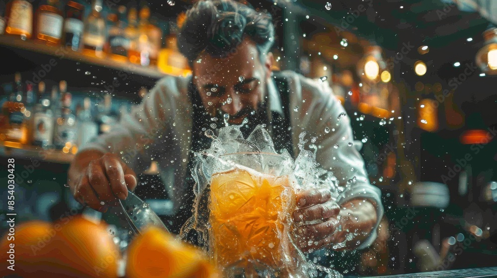 Poster a bartender is vigorously shaking a cocktail, causing a dynamic splash against a blurred bar backdro