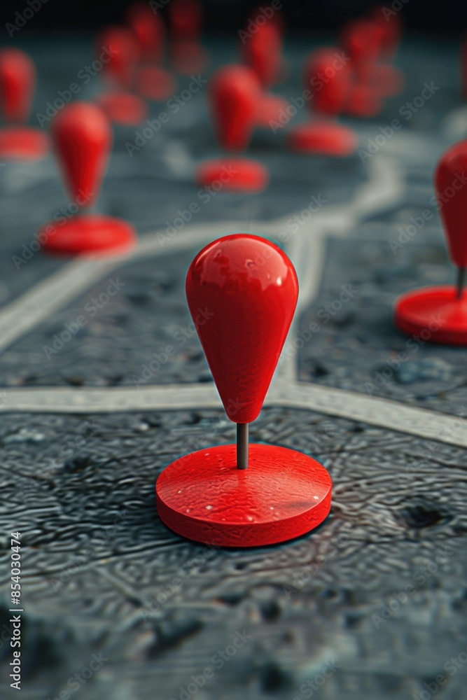 Poster A red pin sitting on top of a road, often used for navigation and orientation