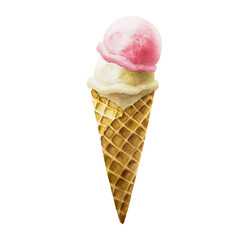 Scoops of vanilla and strawberry, raspberry ice cream in crispy waffle cone. Hand painting sweet watercolor illustration isolated on background. For designers, menu, shop, decoration, restaurant, for