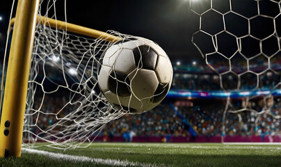 Naklejka premium A soccer ball on the soccer field in the pallet near the goal