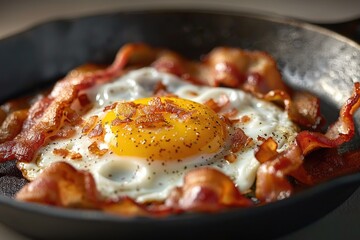 Freshly cooked breakfast consisting of scrambled eggs and crispy bacon