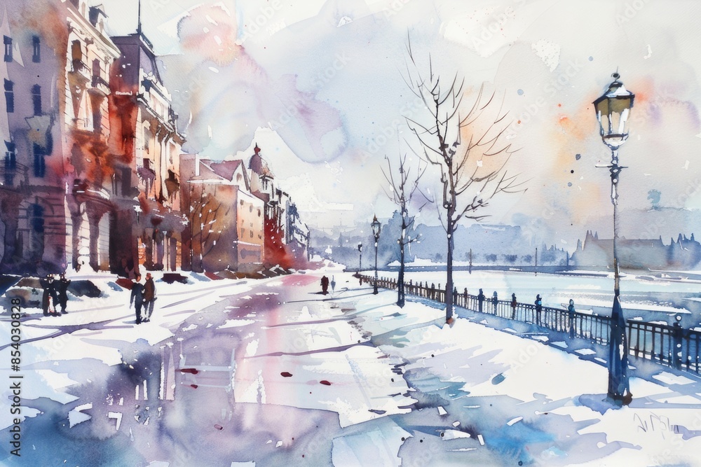 Poster A winter scene watercolor painting of a snowy street with snowflakes and buildings