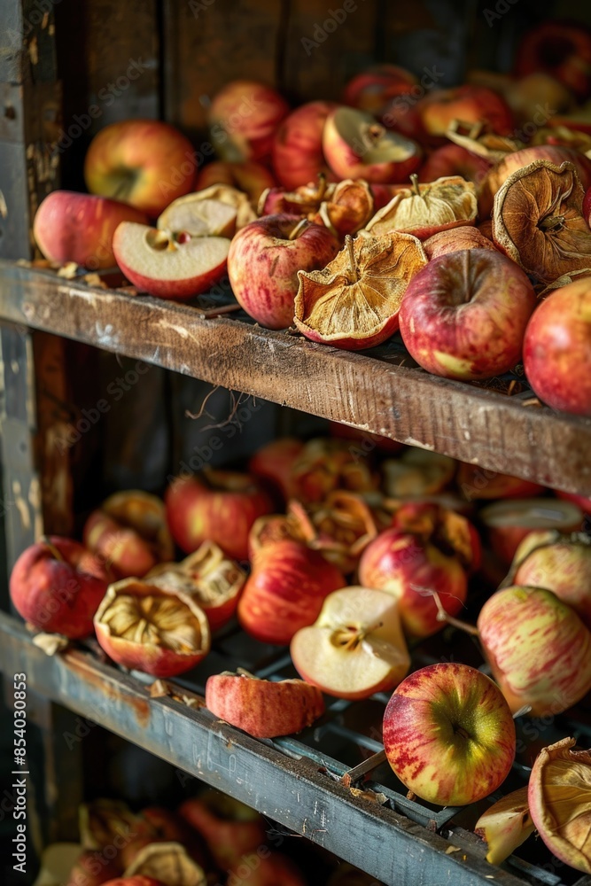 Poster a photo of a variety of apples arranged on a shelf, ready for use or display