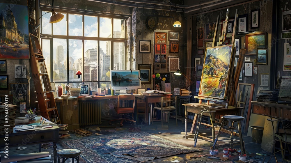 Poster a modern artist studio featuring ai tools like digital canvases and smart brushes for creating art. 