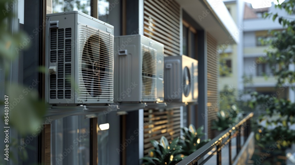 Poster exterior view of a building with two air conditioning units installed on the roof, suitable for comm