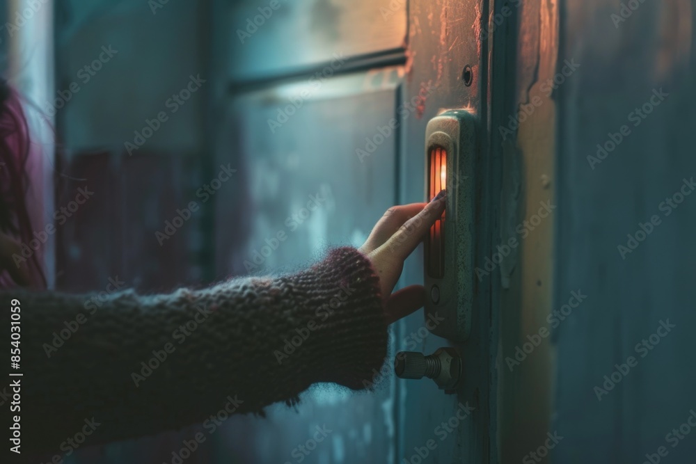 Poster A woman's hand is pressing a button on a door, suitable for use in editorial or commercial contexts