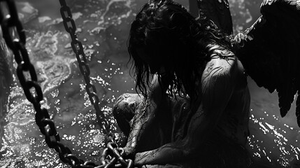 fallen angel in chains, dark and moody scene with water reflections, sorrowful and captive, black and white