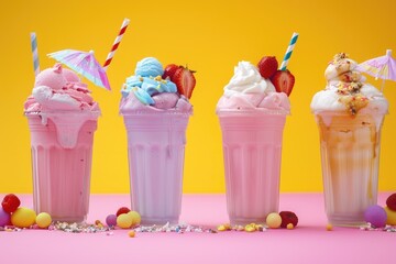 Summer concept - selection of colorful ice cream float, milkshakes