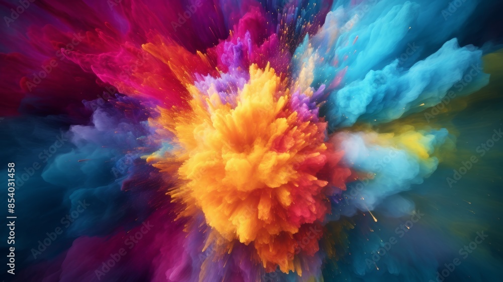 Poster close-up shot of Holi powder exploding, creating a mesmerizing kaleidoscope of colors.